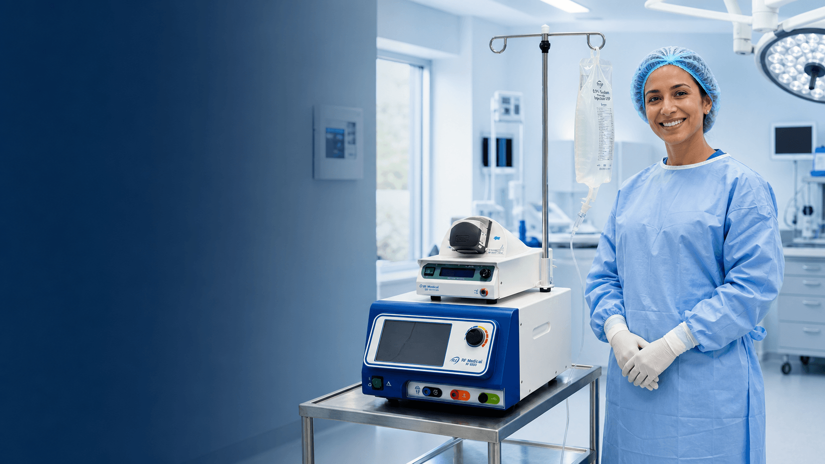 Profesional médica junto a un equipo RF Medical RF 6000 en un entorno clínico