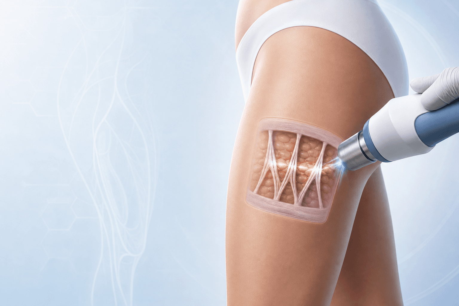 Ilustración médica del tratamiento dirigido de septos fibrosos asociados a la celulitis